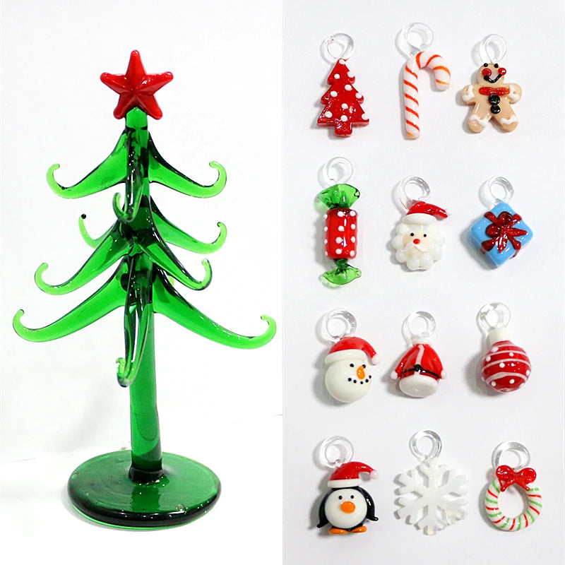 Custom Handmade Glass Christmas Tree Craft Figurines Ornaments Creative Xmas Decoration With 12pcs Cute Mini Pendant Accessories