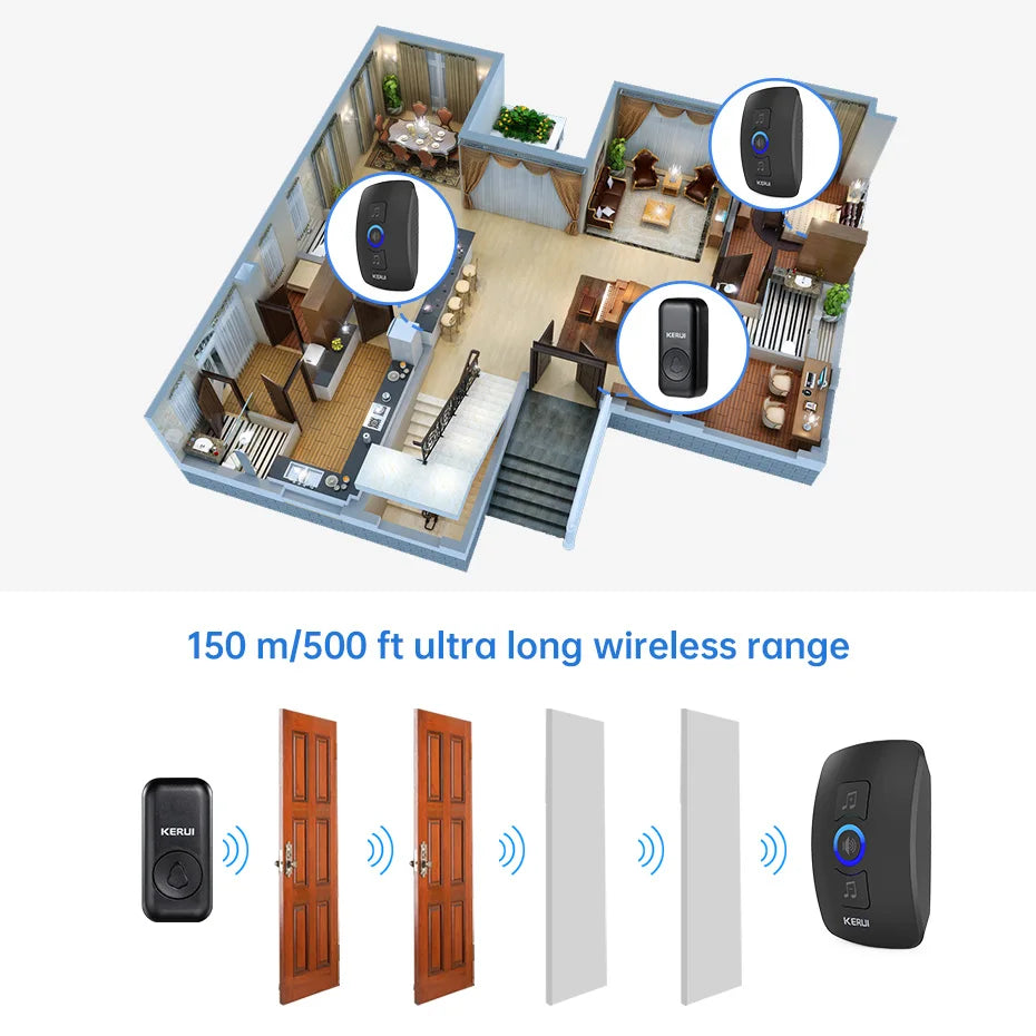 KERUI M525 Wireless Doorbell Waterproof Outdoor Smart Home Door Bell Chime Kit LED Flash Security Alarm Welcome House Melodies