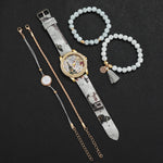 3/4/5PCS Fashion Rhinestone Women's Watch Flowers Printed Leather Band Female Quartz Watches Bracelets Set（Without Box）