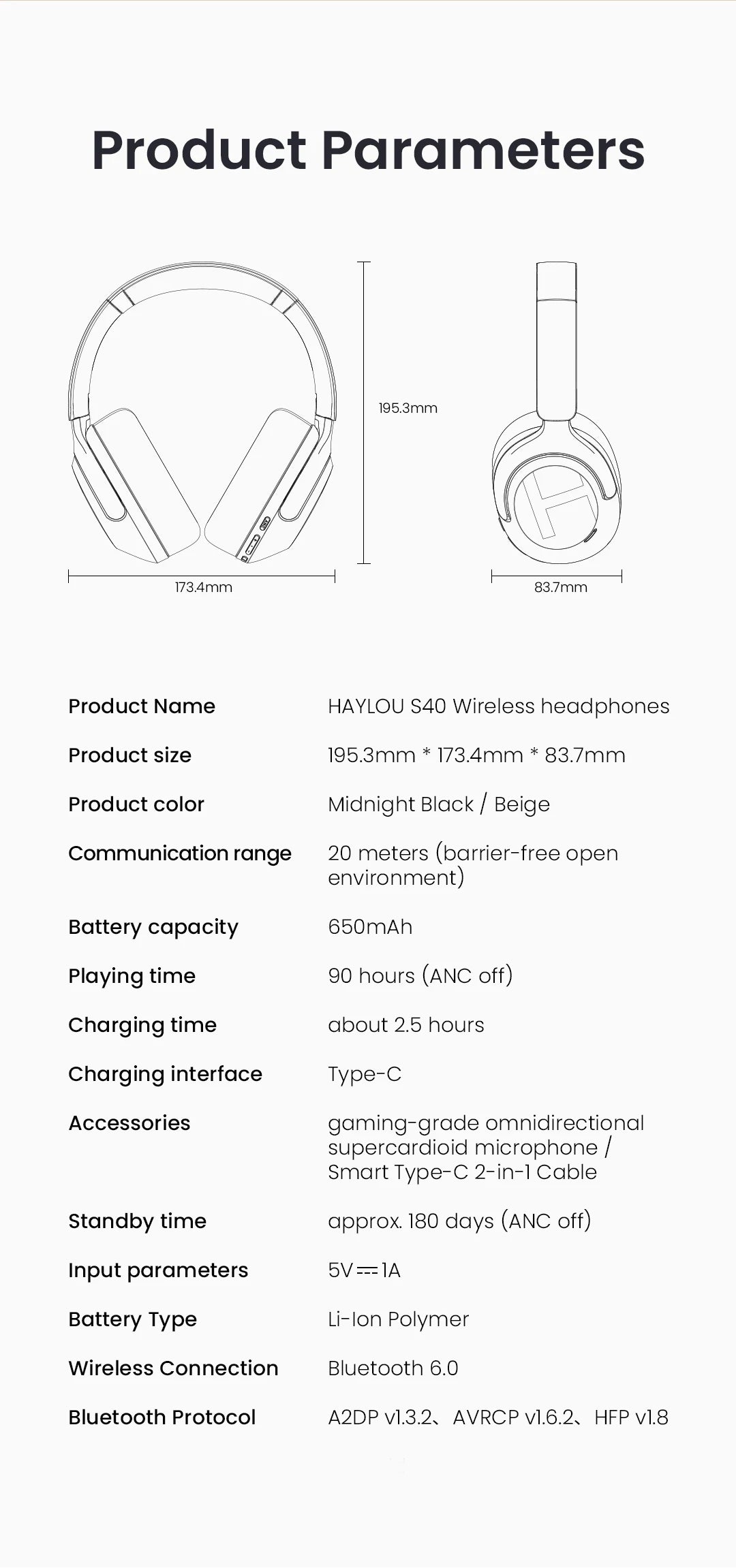 HAYLOU S40 ANC Wireless Headphone 50dB Noise Canceling Hi-Res 3D Spatial Audio Earphone with LDAC Bluetooth 6.0 Over Ear Headset