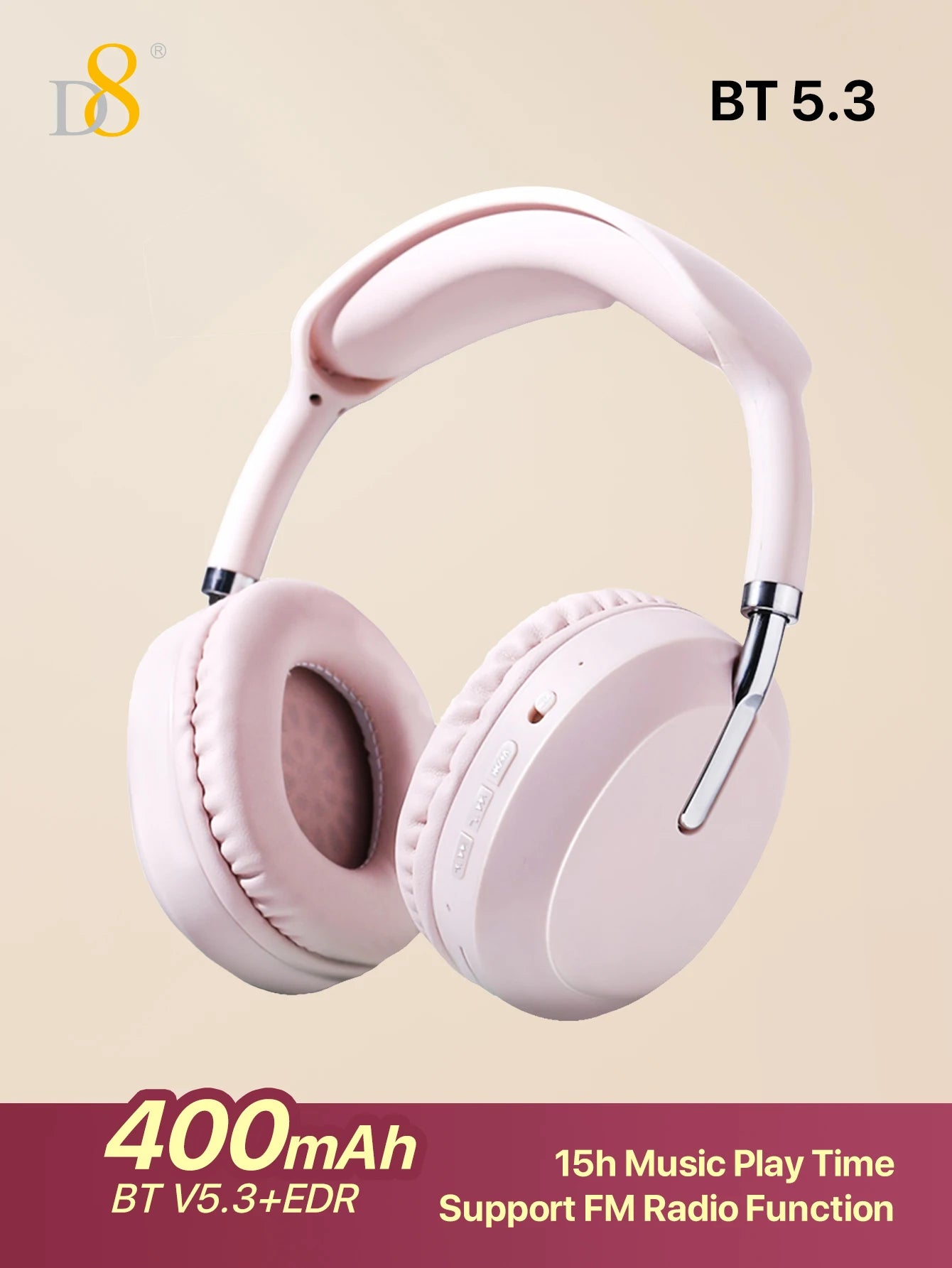 D8 Over Ear  Headphones,  Wireless and Wired Headset Built-in Microphone,  Micro SD Card Slot - (Stealth)  40H Playtime