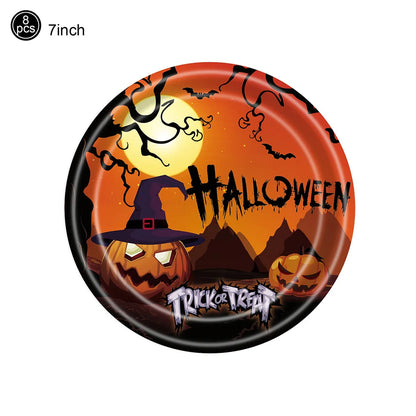 Halloween Disposable Tableware Orange Black Pumpkin Themed Paper Plate Cup Napkin Spooky Themed Decors Halloween Party Supplies