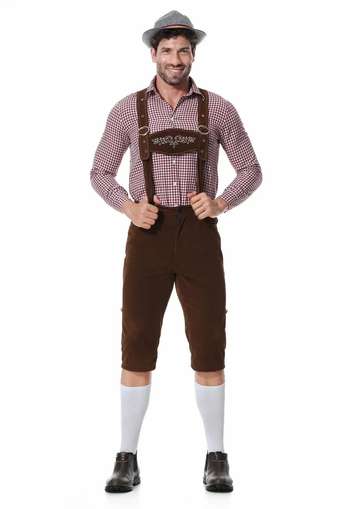 M-XXL Men Bavarian Oktoberfest Lederhosen Costume for Cosplay German Beer Festivals Suspenders Rompers Shirt Hat Set Outfit