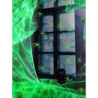 Glow-In-The-Dark Spider Web Set with Spiders, Fluorescent Expandable Spider Web for Halloween Decoration Indoor Outdoor Party