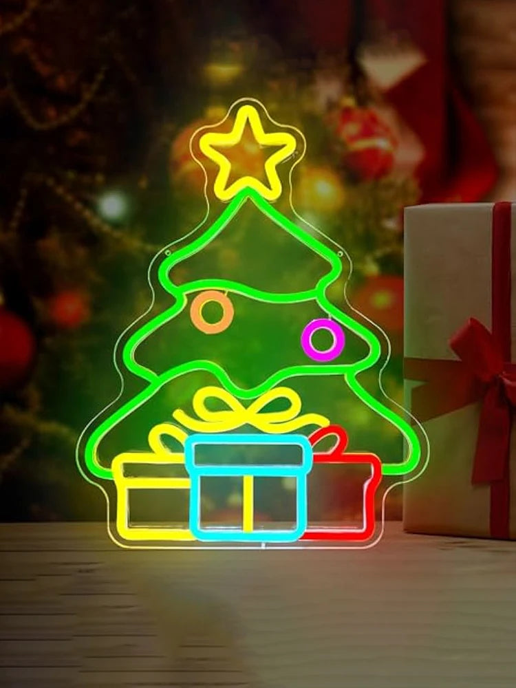Christmas Neon Sign Tree Gift Box Light Decorations Dimmable LED Light Up Sign for Wall Decor Party Kids Gift Winter Home