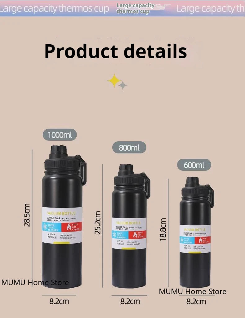 600/800/1000ML Outdoor Thermos Water Bottle Stainless Steel Insulated Cup Keeps Cold and Heat Thermal Mug Travel Vacuum Flasks