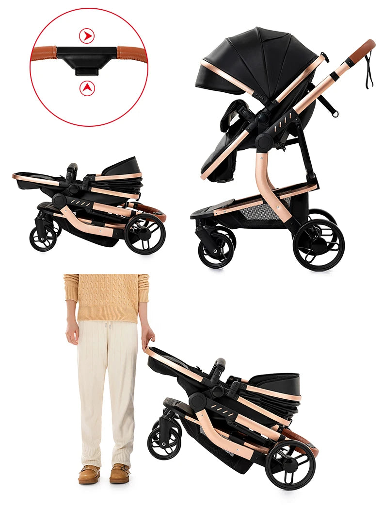 Lightweight Baby Stroller 3 in 1 Stroller PU Leather Stroller for Newborn Baby Car Seat Portable Baby Cart Pram High Landscape