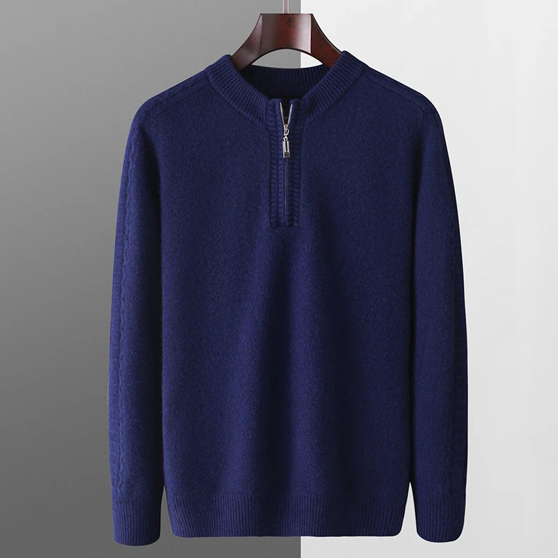 100% pure wool sweater round neck men's thick solid color long sleeved pullover sweater zipper wool knit winter cashmere sweater