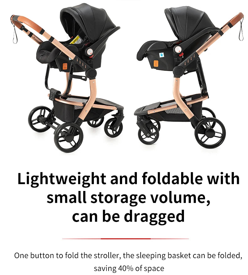 Lightweight Baby Stroller 3 in 1 Stroller PU Leather Stroller for Newborn Baby Car Seat Portable Baby Cart Pram High Landscape