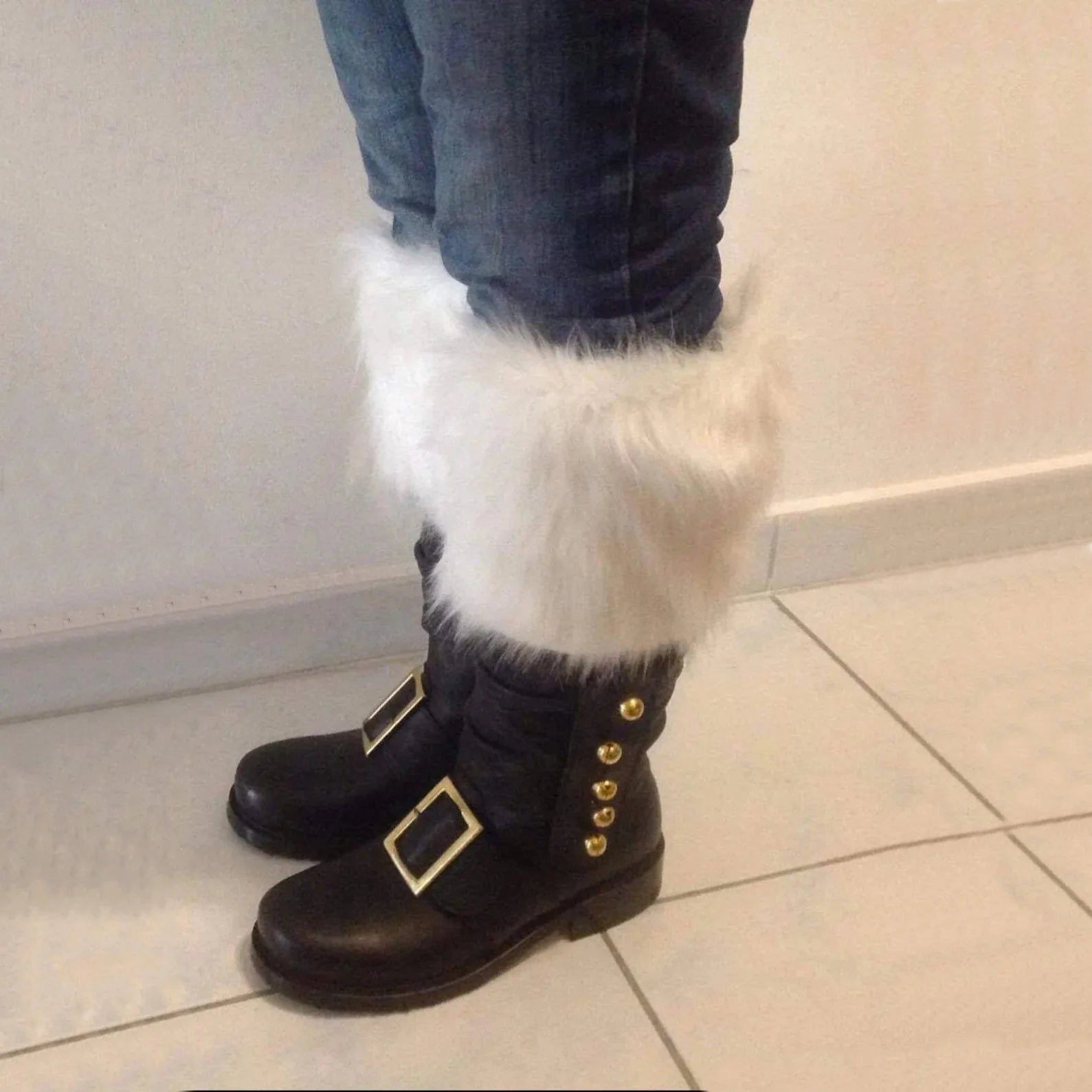 Christmas Santa Claus Boots Men Cosplay New Year Red Black Leather Shoes White Plush Cuffs Foot Halloween Xmas Winter Boots