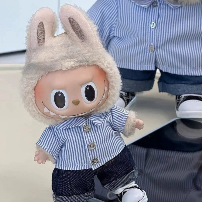 Striped shirt curled jeans set clothes For 15/17cm labubu doll outfit  Metal frame glasses For labubu doll Accessories