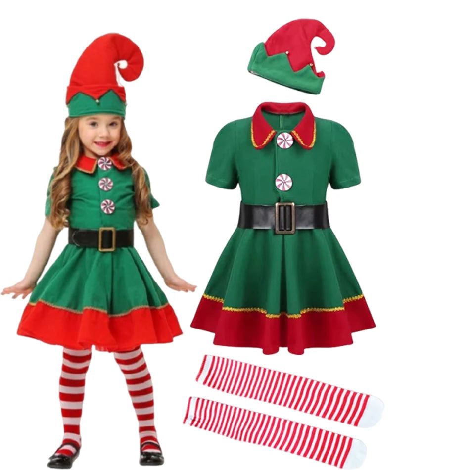 New Year Elf Costume For Kids Girl Boy Green Santa Claus Suit Set With Hat Children Fancy Christmas Party Dress Set Performance