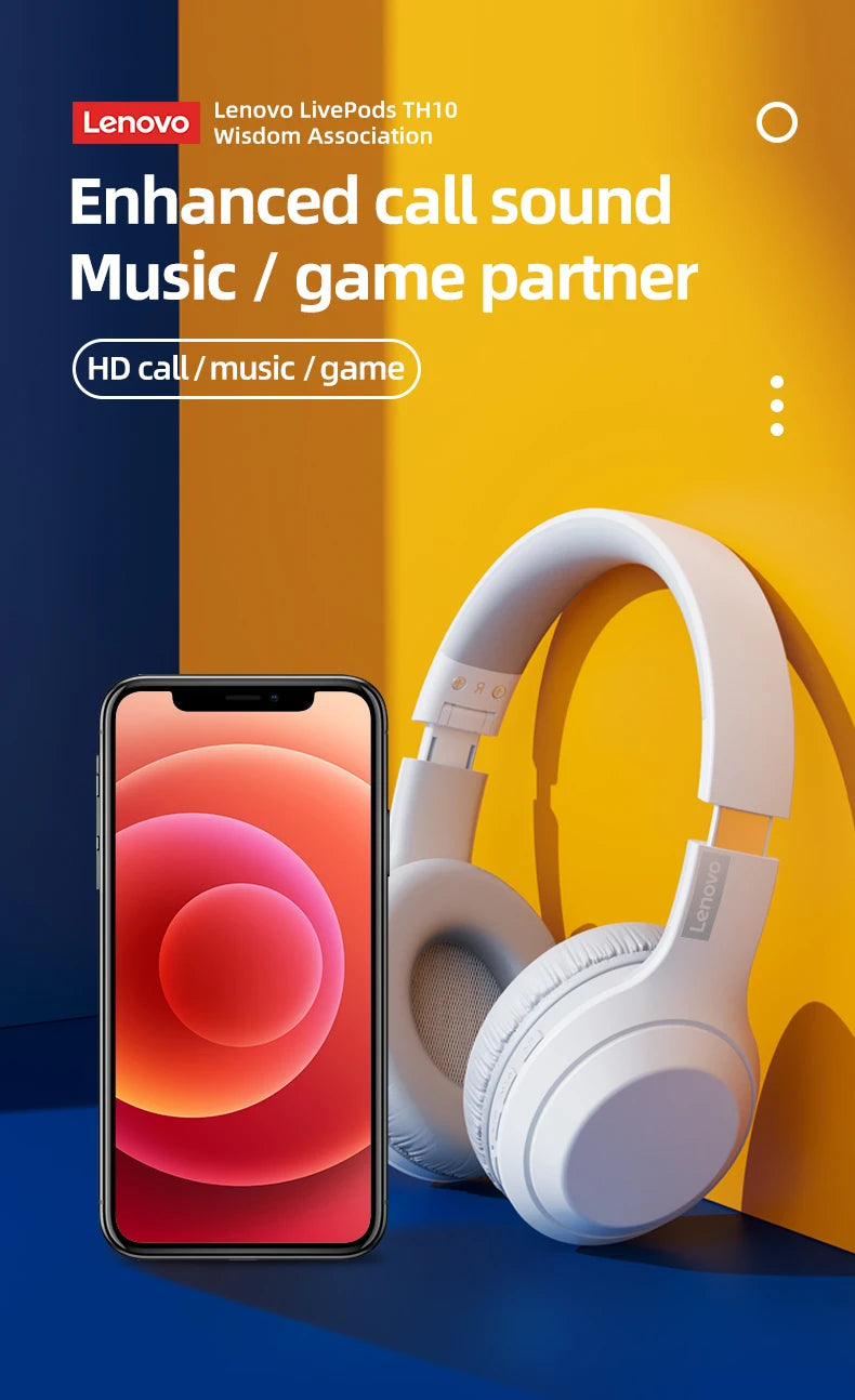 Lenovo TH10 Wireless Bluetooth Headset HIFI Stereo Earphones Foldable Over Ear Earbuds Sports Game Headphones with Microphone