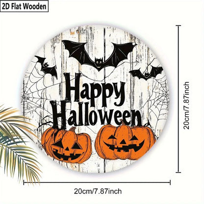 Happy Halloween Wooden Welcome Sign - 2D Flat Ghost Bat & Pumpkin Decor for Porch/Garden, No Battery Indoor/Outdoor Hanging