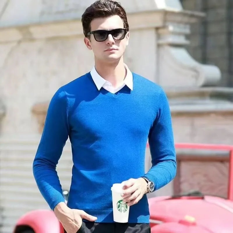 V-Neck Men's 100% Pure Wool Pullover Knitted Sweater, Business Casual Solid Color Simple Long Sleeved Fashionable Loose Warm Top
