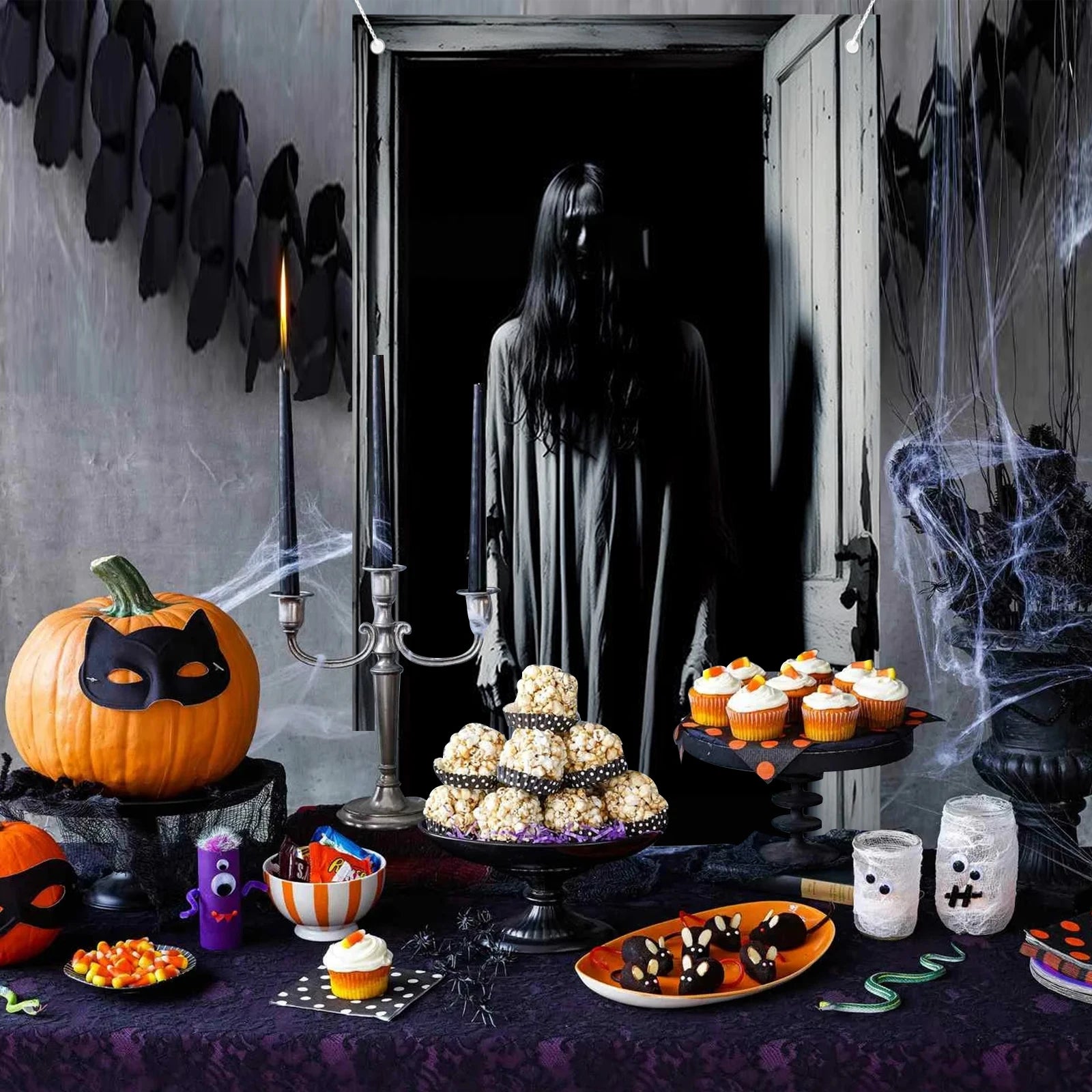 Halloween Door Cover, Halloween Door Backdrop Banner Ghost Creepy Devil Go Crazy Terror Theme Scary Halloween Party Decoration S
