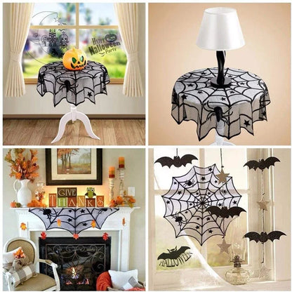 Halloween Decoration Bats Tablecloth Black Lace Spider Web Curtains for Lampshade Fireplace Halloween Party Decor Horror Props