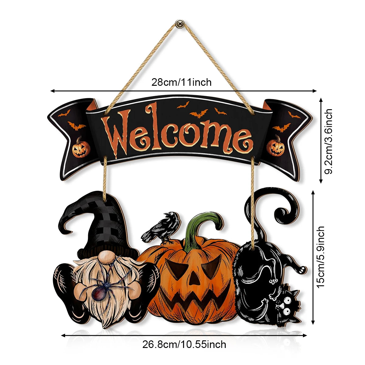 Halloween Welcome Sign Decor with Gnome, Pumpkin, Black Cat and Bats - Festive Door Hanger