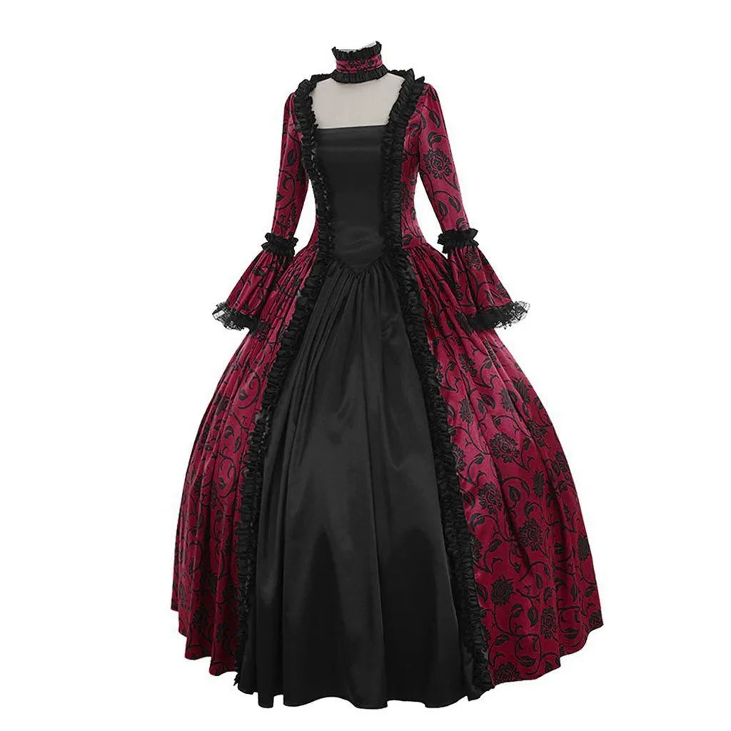 Women Vintage Exquisite Dress Gothic Retro Floral Print Ball Gowns Dress Medieval Renaissance Court Dress Halloween Costume