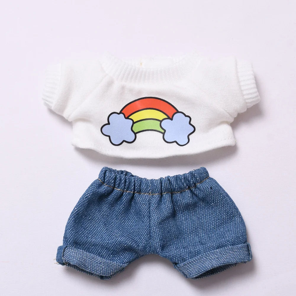 Plush Doll Clothes 17cm For Labubu Clothing Designer Rainbow White T Jeans Doll Clothes Set With Hat Glasses Toy Accessories