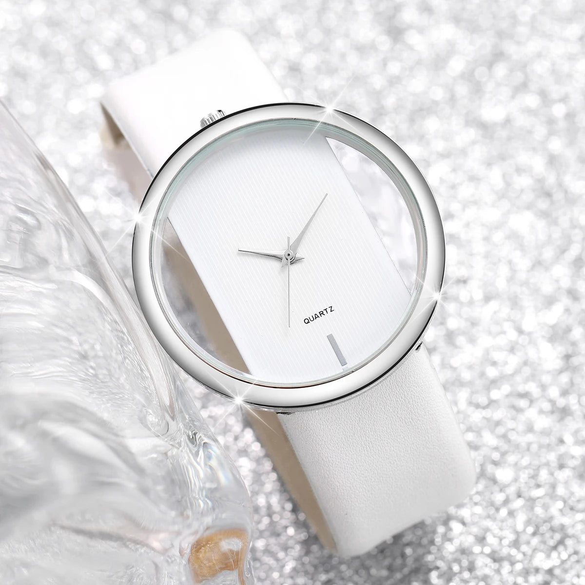 2PCS/Set Women's Watch Pearl Diamond Bracelet Set Fashion Hollow Dial Leather Band Quartz Watches(Without Box)