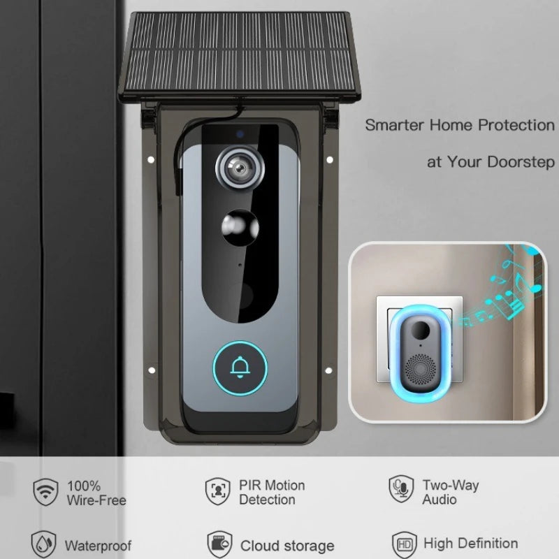 Wireless Doorbell Camera with Solar Cover 1080P Video Intercom Motion Detect Night Vision Waterproof Outdoor Smart Doorbell Wifi