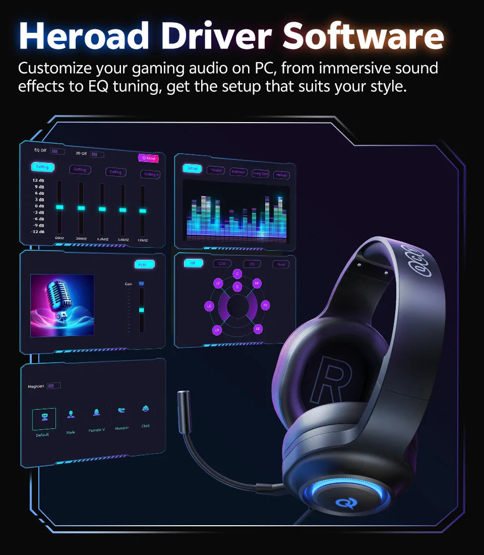 QCY Heroad V200 Gaming Over Ear Headphone Wireless Bluetooth 6.0 with Mic 50mm Driver 7.1 Surround Sound Dynamic EQ RGB Headset