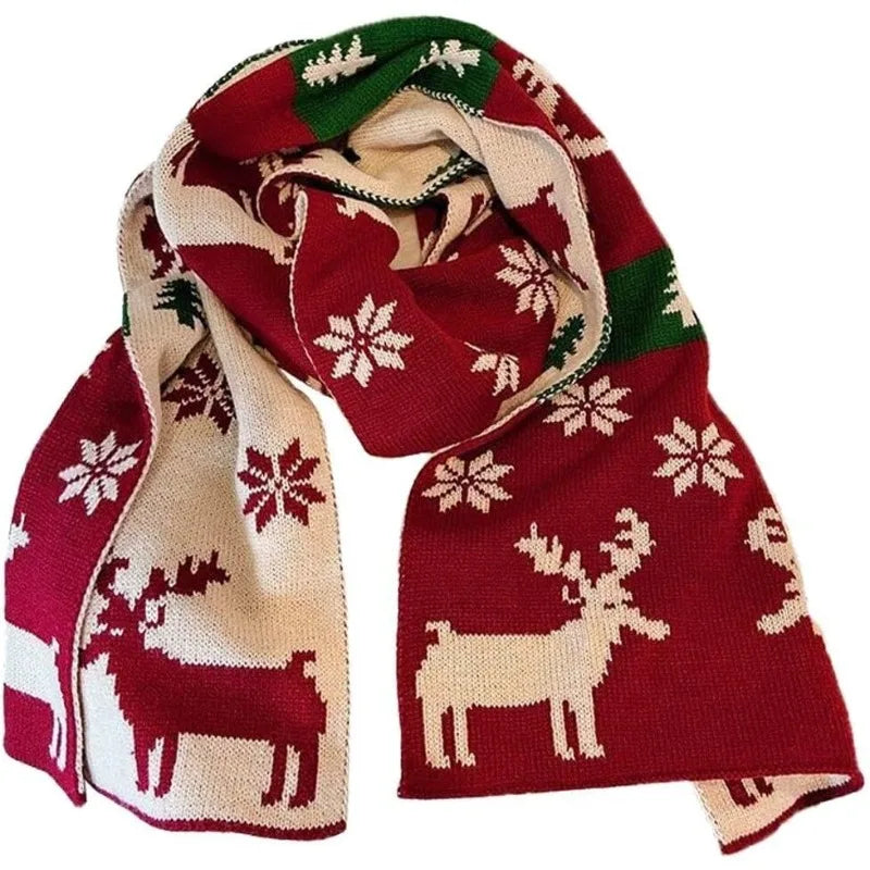 Christmas Scarf Unisex Winter Knitted Scarf Reindeer Christmas Theme Scarves Warm Scarf for Men and Women Christmas Deer Scarf