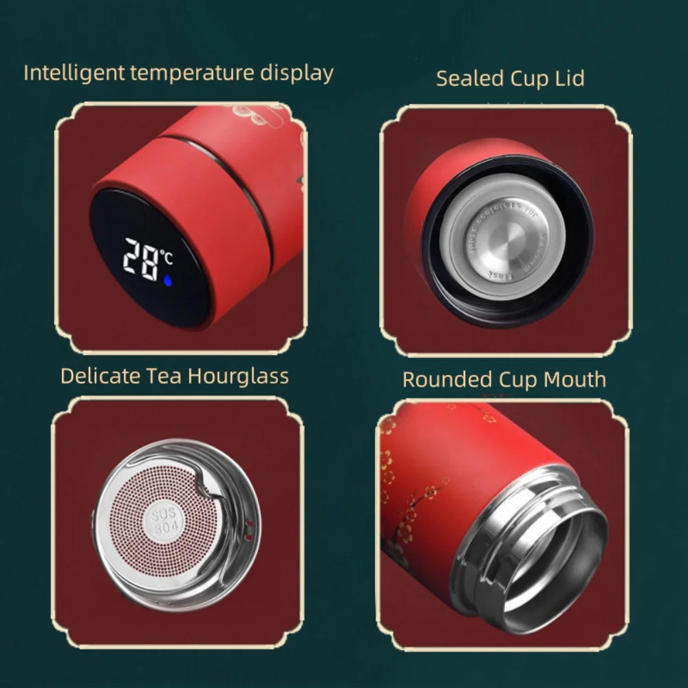 Portable Thermos Bottle Coffee Tea Mug Chinese Style Smart Temperature Display Vacuum Flask Water Bottle With Filter Thermos Cup