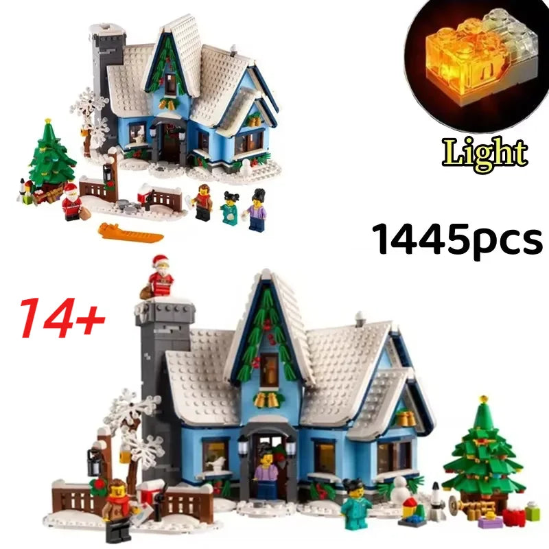 Santa Claus Christmas Winter Village Scenery With Light Building Blocks Bricks Moc 10275 Snow House Model Assembly Toy Kid Gifts