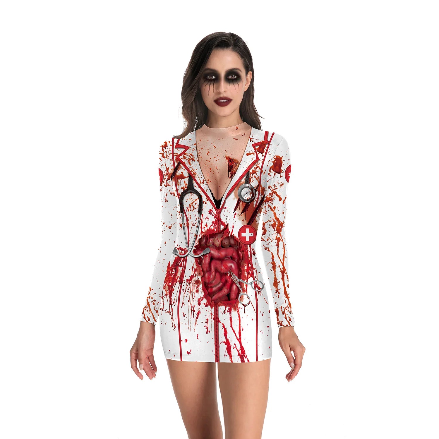 Women's Halloween Costume Dress Cosplay Nurse Costume Uniform Party Sexy Tight Skirt Dress For Female Skeleton Party Carnival