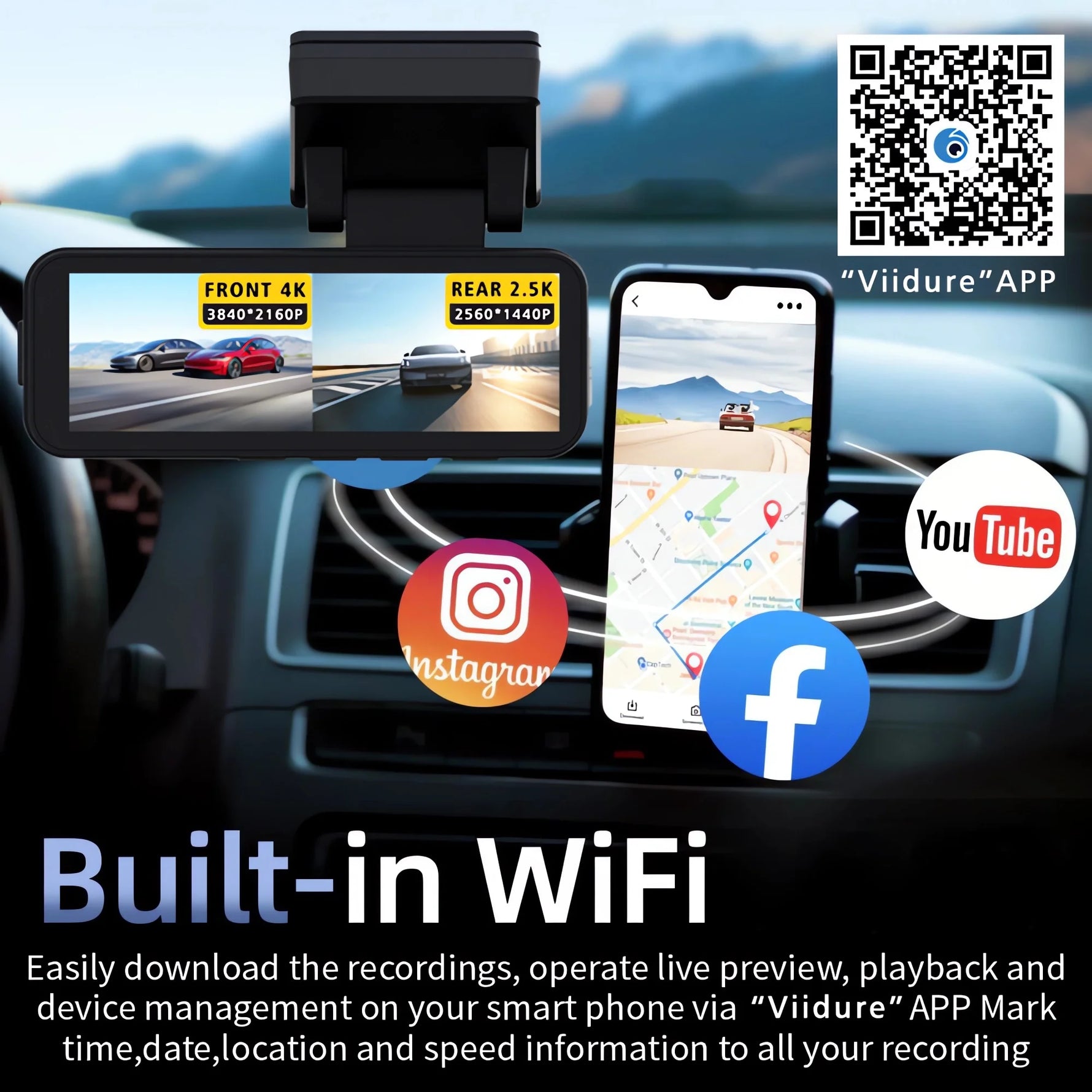 Dash Cam Dual Lens 4K UHD Recording Car Camera DVR Night Vision Video Recorder GPS Wi-Fi Room Black Box 2.5K Rear View Camera