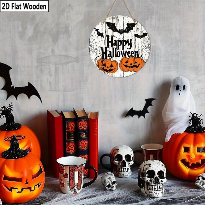 Happy Halloween Wooden Welcome Sign - 2D Flat Ghost Bat & Pumpkin Decor for Porch/Garden, No Battery Indoor/Outdoor Hanging