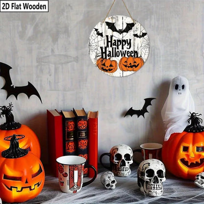 Happy Halloween Wooden Welcome Sign - 2D Flat Ghost Bat & Pumpkin Decor for Porch/Garden, No Battery Indoor/Outdoor Hanging