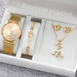 3/6PCS Fashion Heart Women's Watch Plastic Band Analog Golden Quartz Watches Butterfly Jewelry Set(Without Box)