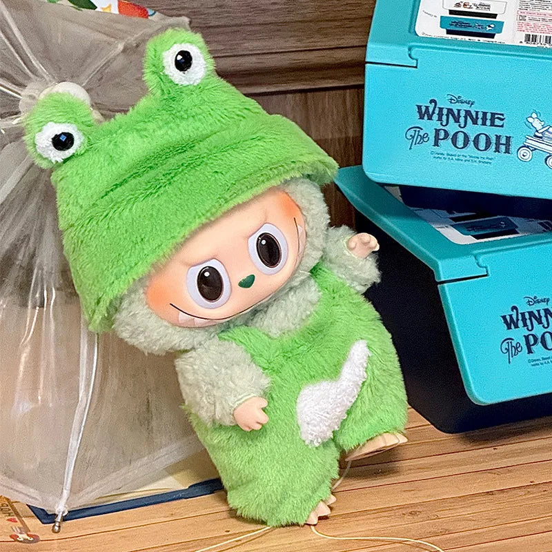 Doll Clothes For LABUBU Frog Set Jumpsuit Kawaii Fisherman Hat 2PCS/Pack Plush Cotton Doll Dress Up Game Decoration