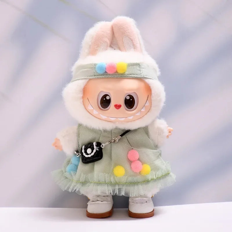 Doll Clothes For LABUBU Frog Set Jumpsuit Kawaii Fisherman Hat 2PCS/Pack Plush Cotton Doll Dress Up Game Decoration