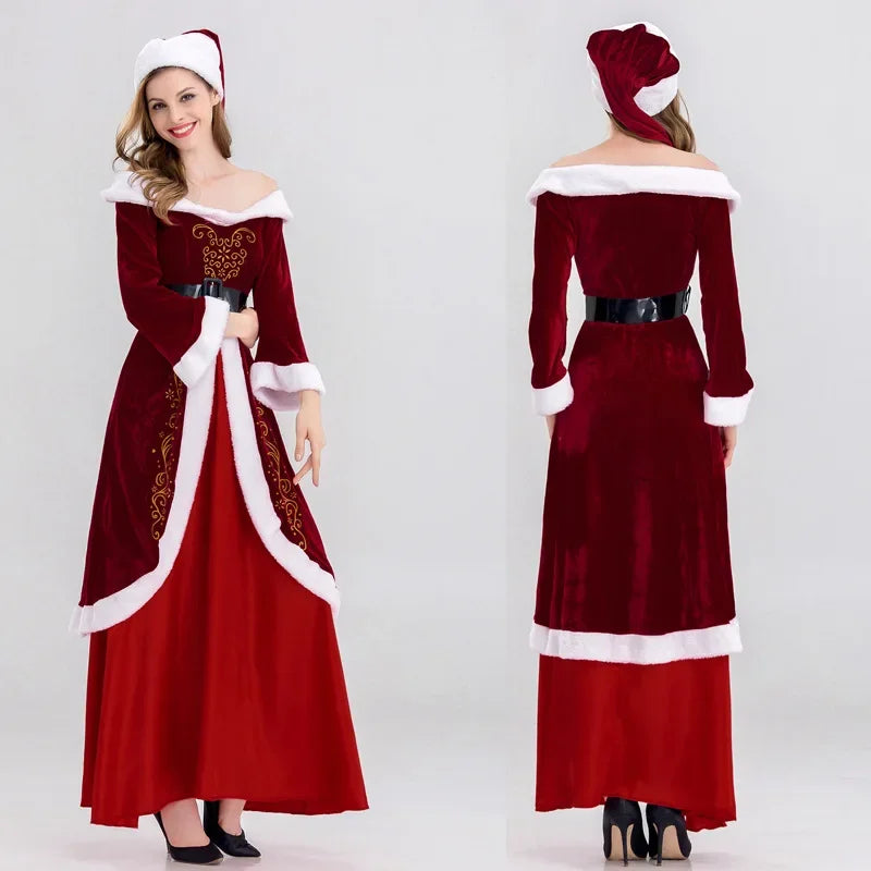 Deluxe Classic Mrs. Claus Kerst Kostuum Xmas Party Santa Claus Cosplay Vrouwen Rode Jurk Kerst Koningin Carnaval Feestjurk