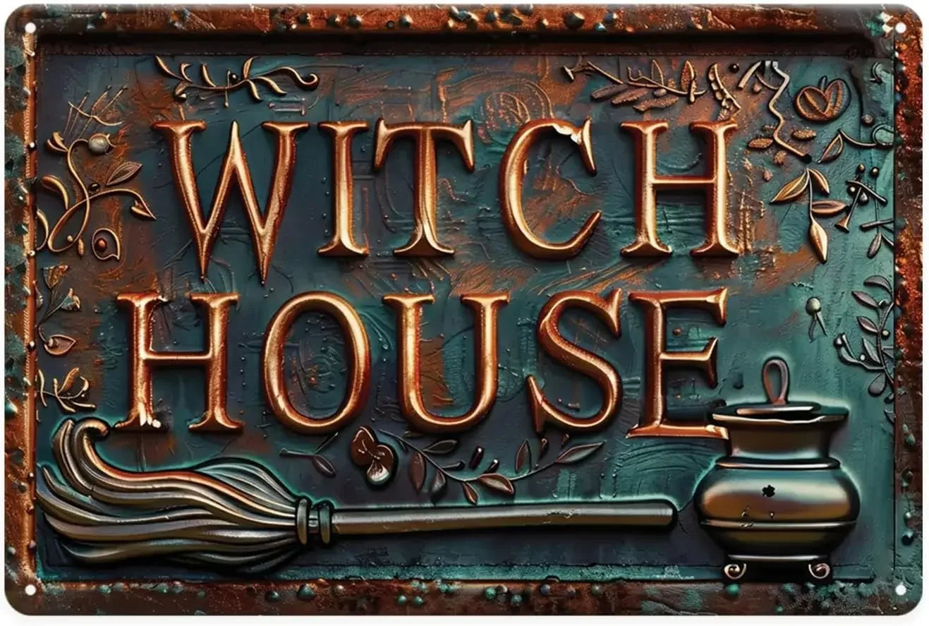 Witch House Broom Cauldron Metal Tin Sign, Vintage Gothic Dark Academia Metal Sign Print Aesthetic Room Decoration for Home B