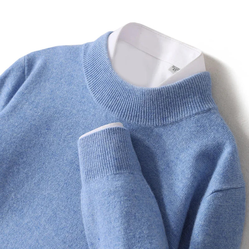 100% Pure Wool Sweater For Men, Half High Neck Knitted Pullover, Long Sleeved Casual Autumn Winter Thick High-End Sweater Warmth