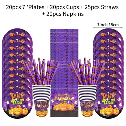 Halloween Disposable Tableware Horror Pumpkin Ghost Purple Plates Napkins Cups Tablecloth Halloween Party Home Decor Supplies