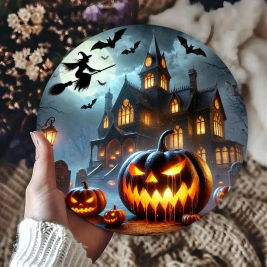 Vintage Halloween Metal Sign - Aluminum Plaque Featuring Ghosts, Pumpkins, Castles & Witch Silhouettes | Perfect for Man Caves,