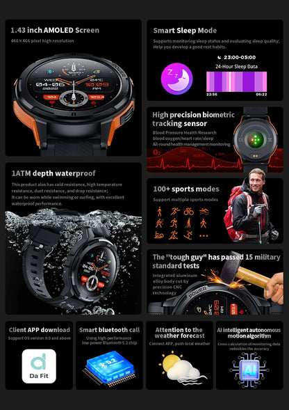 OUKITEL Smart Watch BT10 Sport SmartWatch BT5.2 410mAh 1.43" AMOLED Display