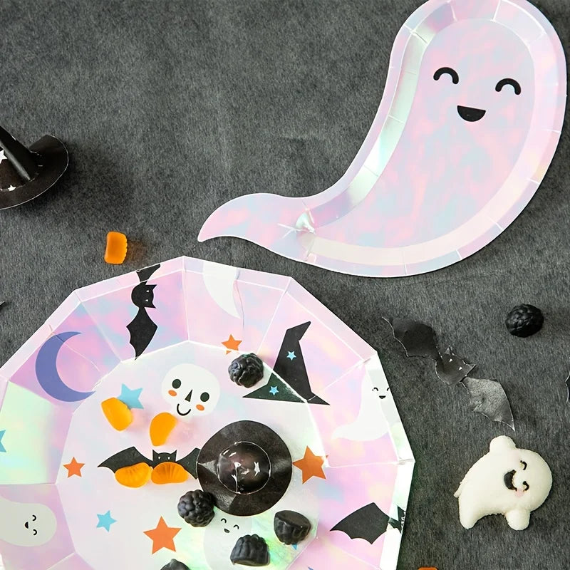 Lovely Pink Laser Disposable Tableware Girls Women Party Decoration Ghost Plates Paper Napkins Cups Halloween Parties Supply