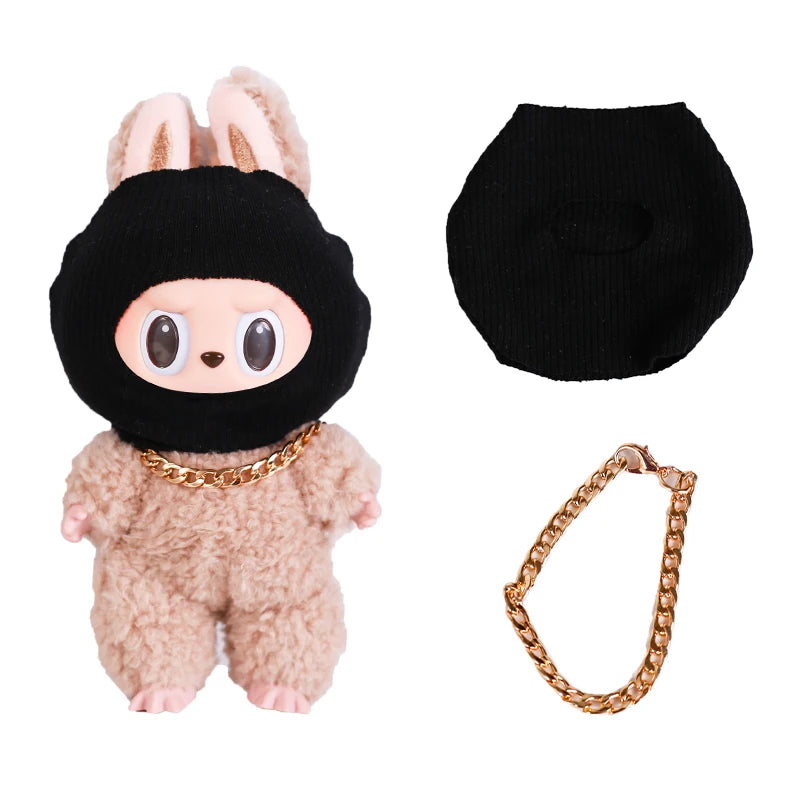 Luxury Tidal Current Labubu Black Hip Hop Mask Knitted Hat Accessories 3-Layer Big Gold Chain Street Fashion Doll Ornaments