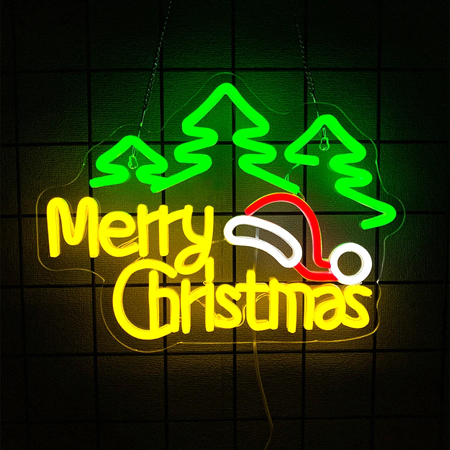 Merry Christmas Neon Sign for Wall Decor,Christmas Neon Sign with Xmas Tree and Santa Hat for  Living Room Home Party Decor