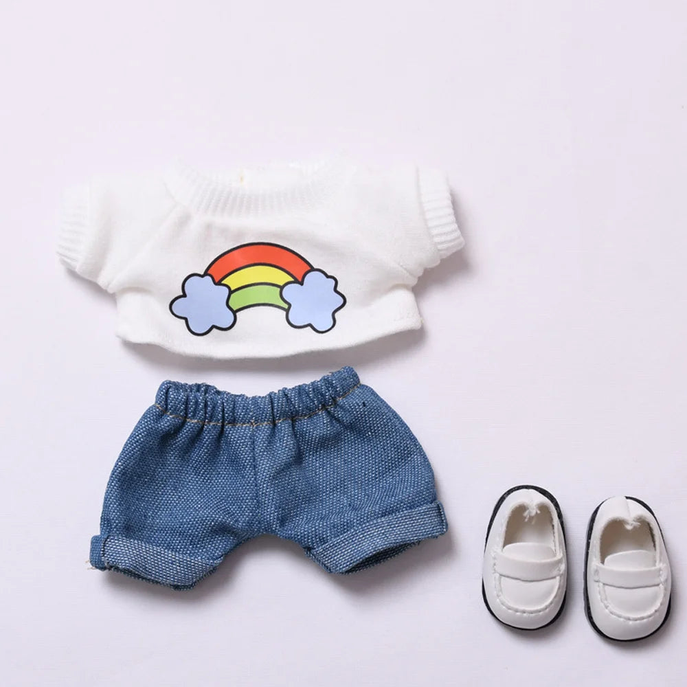 Plush Doll Clothes 17cm For Labubu Clothing Designer Rainbow White T Jeans Doll Clothes Set With Hat Glasses Toy Accessories