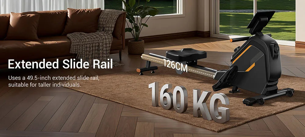 ROBORE UR20 Rower Machine with 126cm Extended Track, 16-Level Magnetic Resistance,160kg Weight Capacity,＜25 dB (Quiet Operation