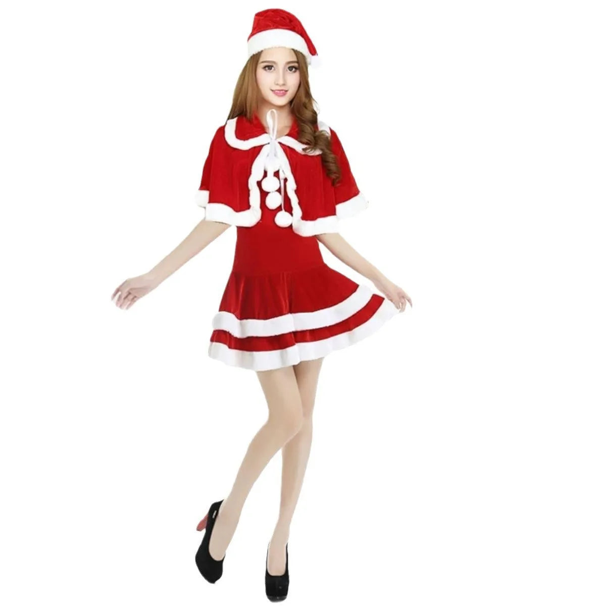 Christmas Outfits for Women Sexy Christmas Fancy Party Dress with Cape Hat 3Pcs Velvet Santa Costume Xmas Babydoll Cosplay