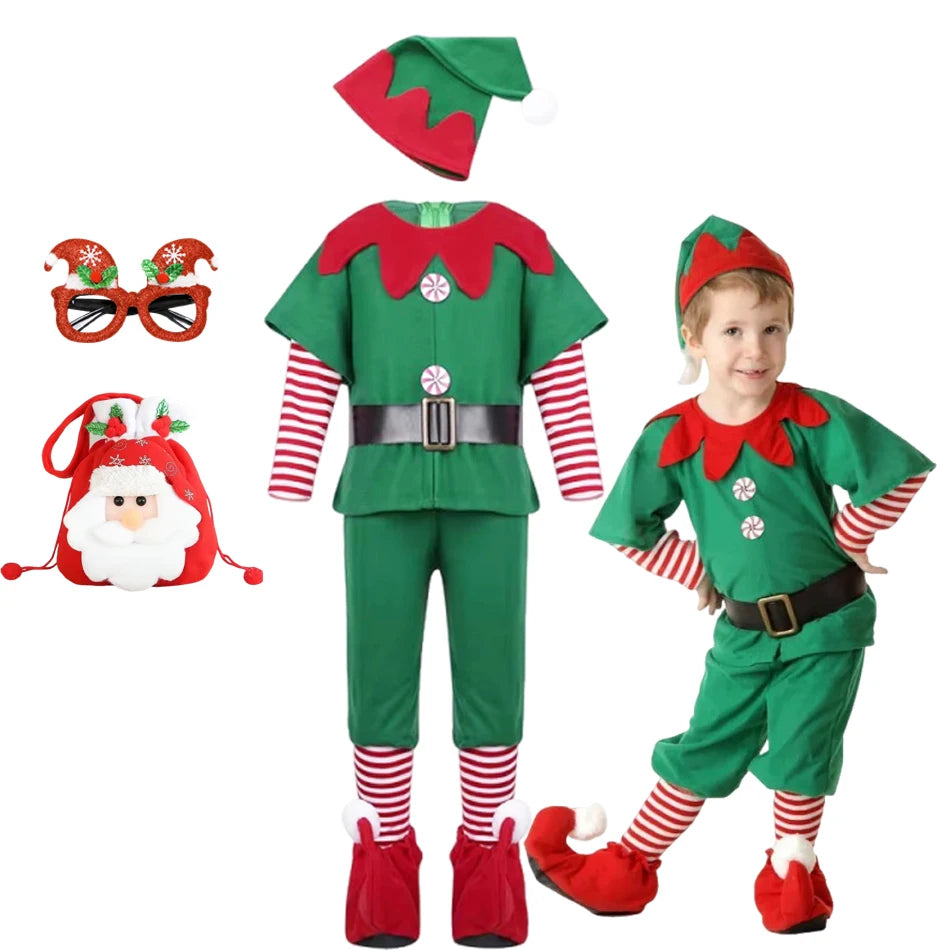 New Year Elf Costume For Kids Girl Boy Green Santa Claus Suit Set With Hat Children Fancy Christmas Party Dress Set Performance